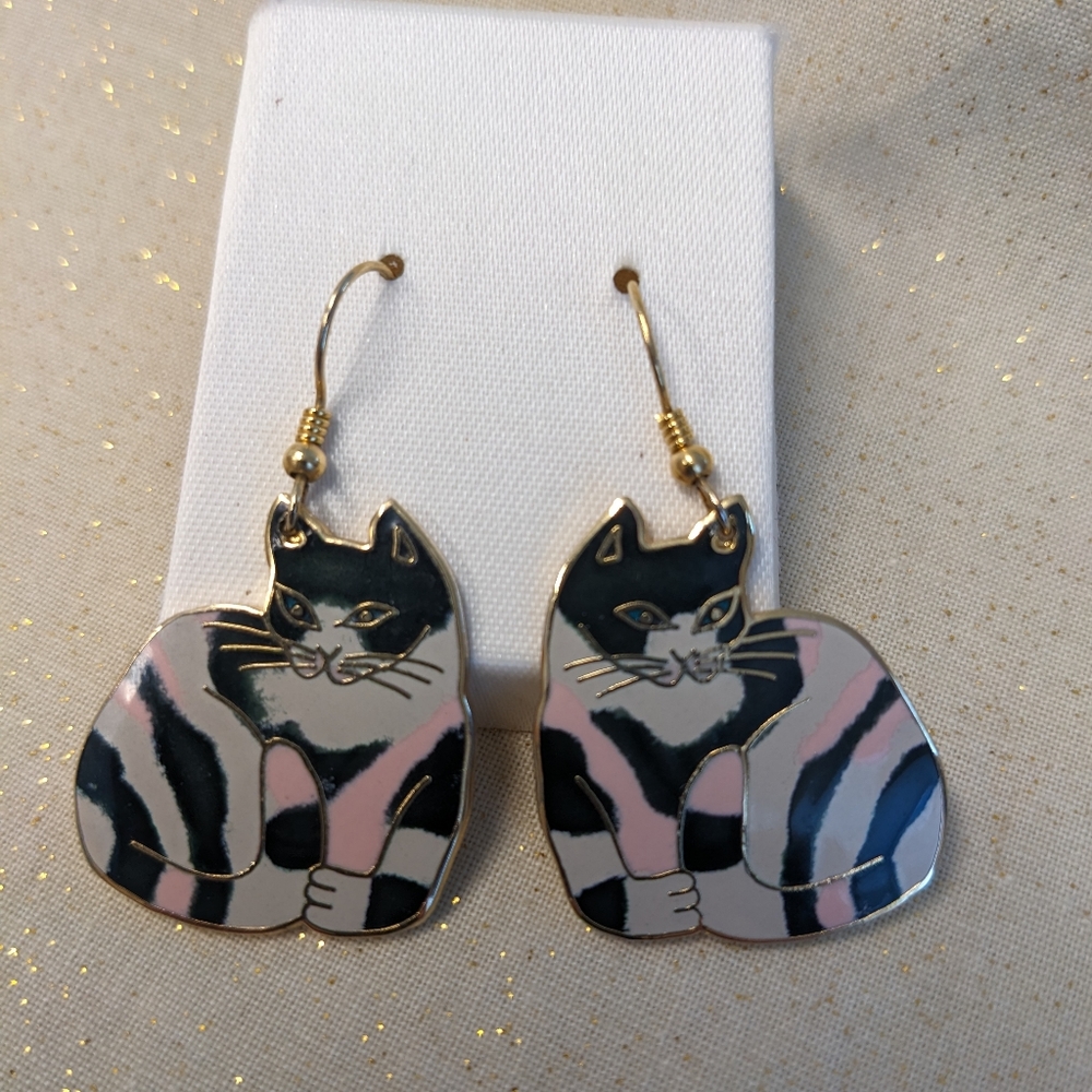 Meow brand. Two pair of cat and floral cloison type pierced earrings